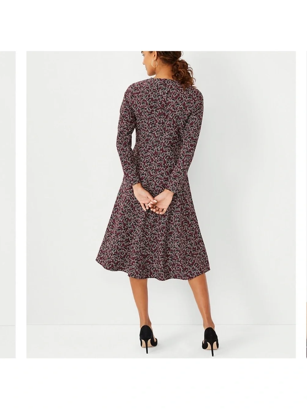 Ann Taylor Burgundy and Black Long-Sleeve Printed A-Line Dress size 14 - Picture 3 of 7